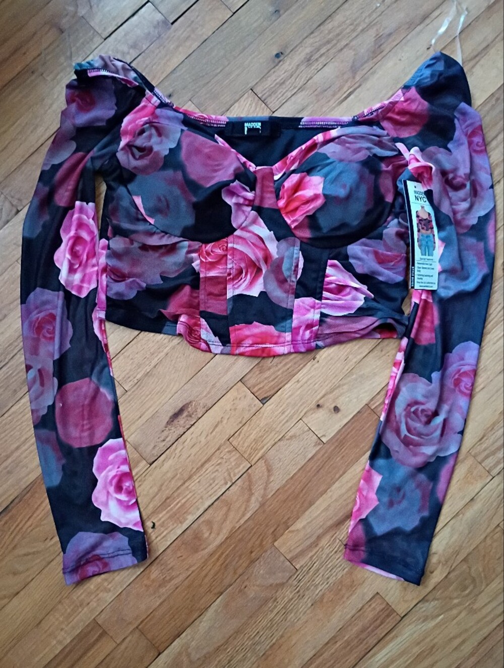 Black & Pink Rose-Print Long Sleeve Crop Top